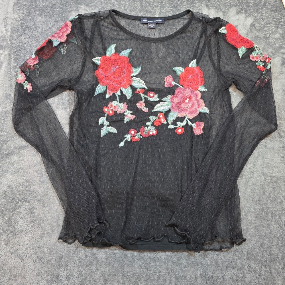 American Eagle Top Womens Sm Black Mesh Floral Embroidered Cami Dark Romantic